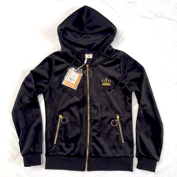 NWT velour black hooded crown embroidered trunk suit M - Picture 4 of 12